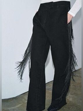 Zara ZW Collection Limited Edition Black Pants with Side Fringe